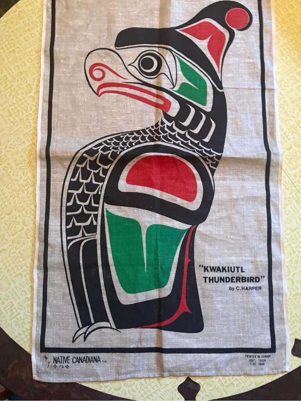 Vintage Kwakuitl Thunderbird by C. Harper Linen Hand Towel Beige & Green - Picture 2 of 8